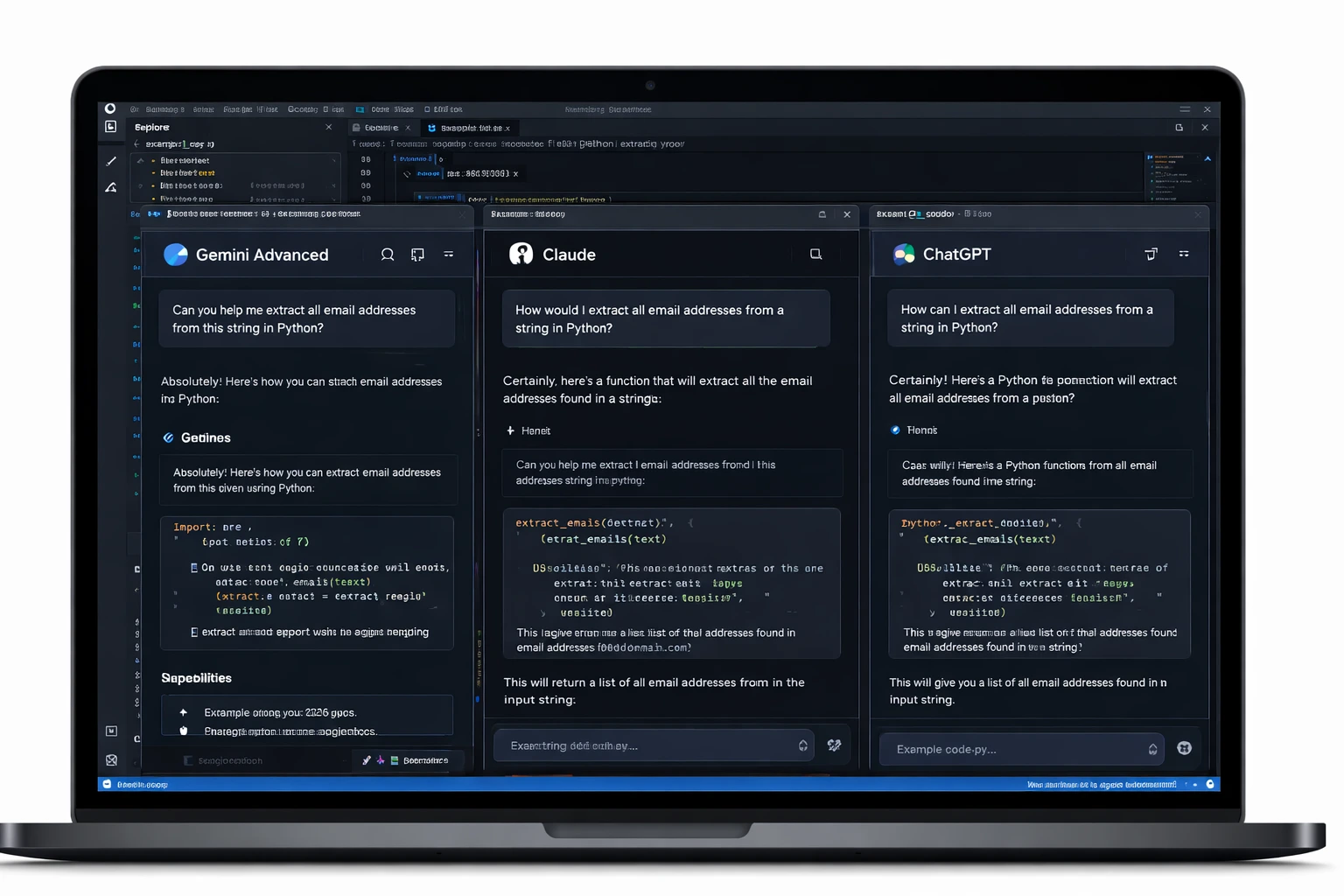 Developer comparing Gemini Advanced, Claude, and ChatGPT for Python coding in 2026